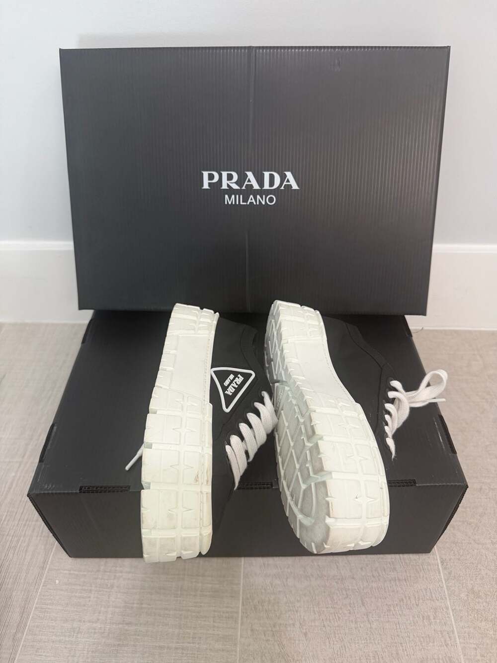 Prada Double Wheel Nylon Gabardine Low-Top Sneakers Black White - Picture 5 of 14